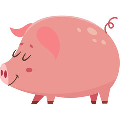 Adorable Cartoon Piglet With Closed Eyes And Smiling Face Pink And White Color Scheme With Simple Brown Feet Standing On Transparent Background