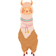 Adorable Cartoon Llama with Fluffy Brown Fur and Decorative Neck Collar Closed Eyes Peaceful Expression Cute Animal Illustration