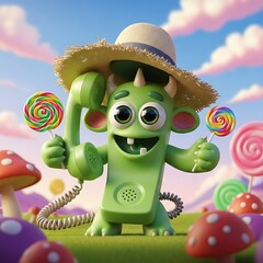 Whimsical Green Telephone Monster in a Candy Land Dreamscape.