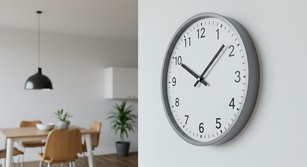 Modern Dining Room with Wall Clock and Pendant Light.