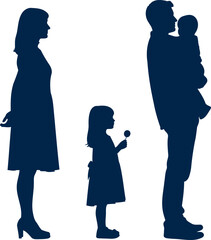 Silhouettes of a family parents and two children standing together in a unified pose silhouette
