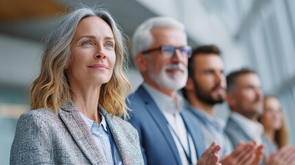 international business etiquette design. Confident business team applauding during a professional event or meeting