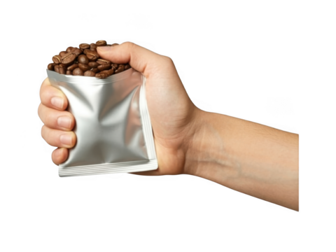 Hand Holding Freshly Roasted Coffee Beans in Silver Pouch for Aroma Therapy, Coffee Break, Business, or Cafe Advertisement. High-Quality, Specialty Brew in a Modern, Shiny Foil Package - Powered by Adobe