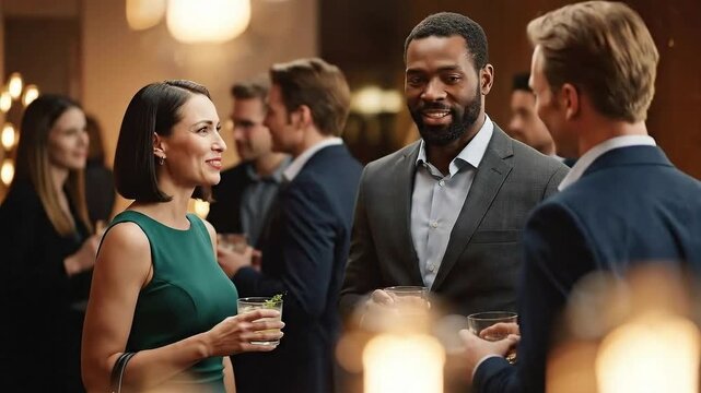 People socializing at an event with drinks, dressed formally and in a well lit indoor environment
