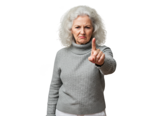Angry elderly woman pointing finger isolated on transparent background