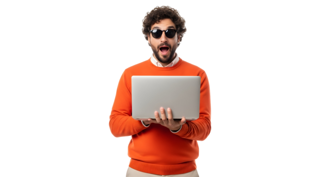 Excited Man Laptop Presentation Modern Technology Surprised Reaction Concept - Powered by Adobe