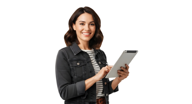Smiling Brunette Woman Utilizing Tablet For Online Communication Technology Concept Device