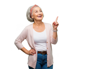 Smiling senior woman pointing up isolated on transparent background