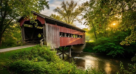 Covered Bridge Serenity - A Rustic Landmark Amidst Lush Greenery.