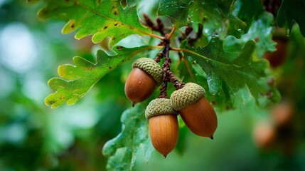 Three acorns are hanging from a tree branch