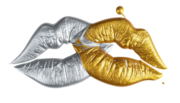 A striking visual of two lips, one silver and the other gold, showcasing a dazzling texture and a glossy finish.