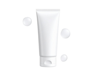 A sleek white tube of product with a flip cap, surrounded by small spherical shapes.