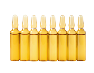 Eight glass ampoules filled with a golden liquid, arranged in a straight line.