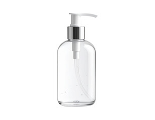 A clear pump bottle designed for dispensing liquids, featuring a sleek design and metallic accents.