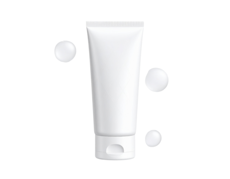 A sleek white tube of product with a flip cap, surrounded by small spherical shapes.