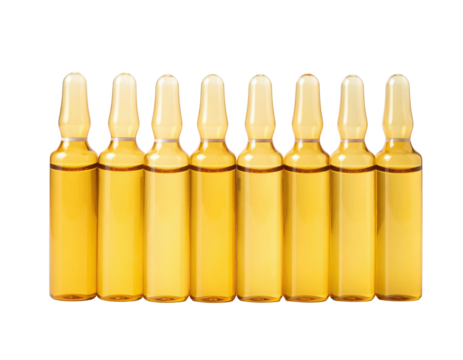 Eight glass ampoules filled with a golden liquid, arranged in a straight line.