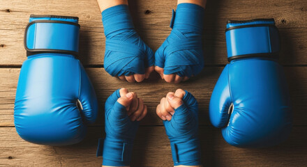 Blue Boxing Gloves and Wrapped Hands: Preparing for Fight, Competition, Training, and Workout with Gear