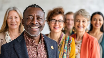 international business etiquette design. Diverse group of mature adults smiling and standing in a row indoors.