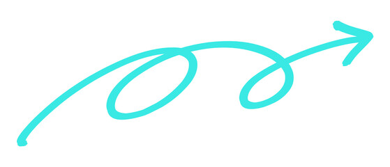 Hand drawn cyan loopy arrow isolated PNG. 
