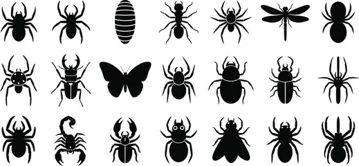 Vector insects silhouettes collection spiders and other bugs