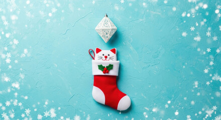 Blue Holiday Decoration Cat Stocking Festive Season Ornament Texture Winter Backdrop Celebrating Holiday Season Happiness Fun Joyful Cheerfulness