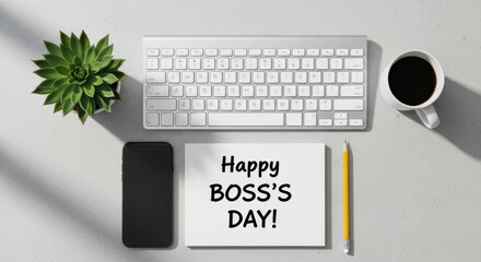 Boss's Day Workplace Setup Keyboard Succulent Coffee Phone Stationery Notepad Top View Greetings Appreciation Celebration Boss Leader