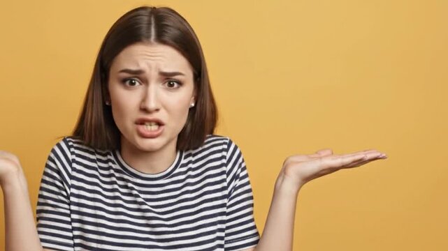 A woman wearing a striped shirt with a confused expression shrugging