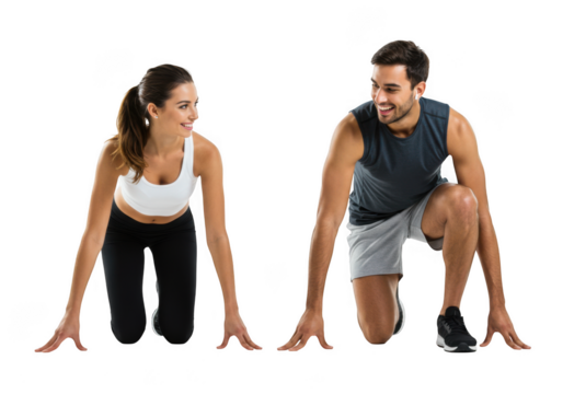 Couple in athletic wear at starting line isolated on transparent background