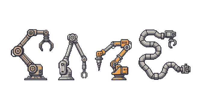 A diverse set of pixel art industrial robotic arms, showcasing different manipulators like claws and drills for automation concepts