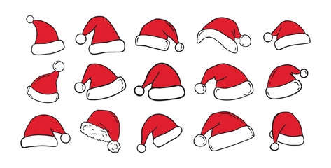 Hand drawn cartoon Santa Claus hat isolated clipart set. Doodle Christmas, New Year Santa Claus hats white and red concept.