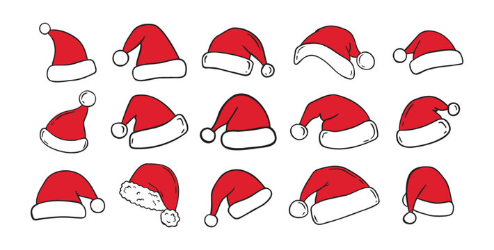Hand drawn cartoon Santa Claus hat isolated clipart set. Doodle Christmas, New Year Santa Claus hats white and red concept.