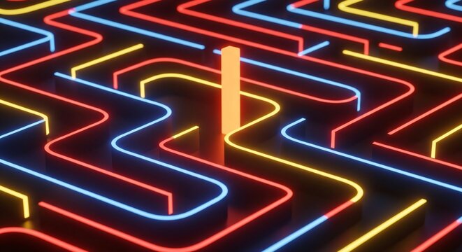Abstract maze with neon lights and a central orange object