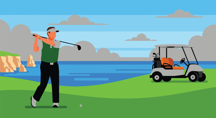 Golfing illustration vector image of man playing golf on course
