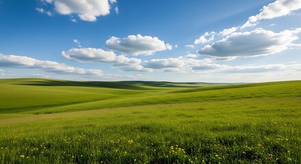 Obraz premium Vast Green Rolling Hills Under a Blue Sky with Fluffy Clouds.