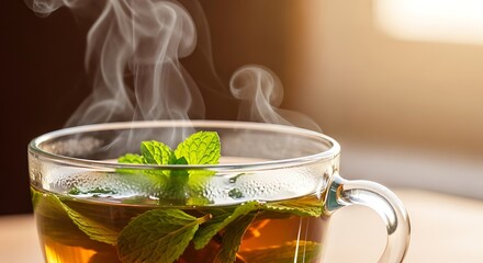 A steaming glass cup of fresh herbal mint tea with green leaves, providing a warm and relaxing hot beverage against a softly lit background