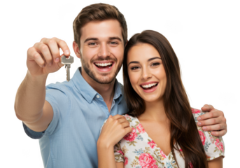 Happy couple holding house key isolated on transparent background