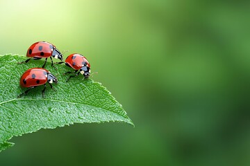 Close-up of Three Vibrant Ladybugs on a Leaf with Soft Green Background