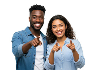 Happy couple pointing at camera isolated on transparent background