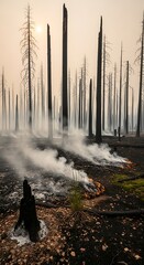 Aftermath of a Forest Fire - Smoke and Charred Trees.