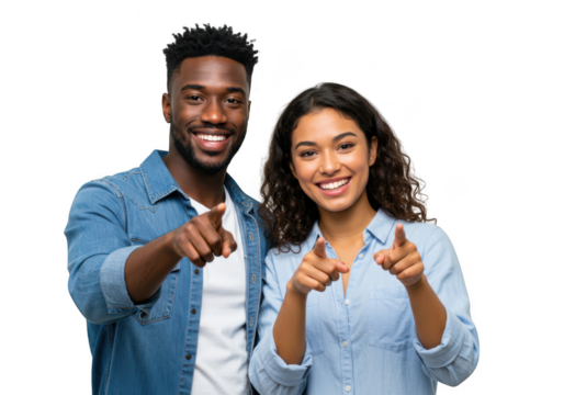 Happy couple pointing at camera isolated on transparent background