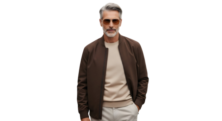 Fashionable Man With Sunglasses Style. Mature Male Wearing Contemporary Jacket Confidence. Authentic Attitude And Modern 
