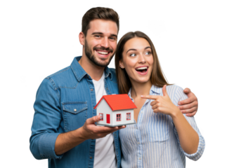 Couple holding a small house isolated on transparent background
