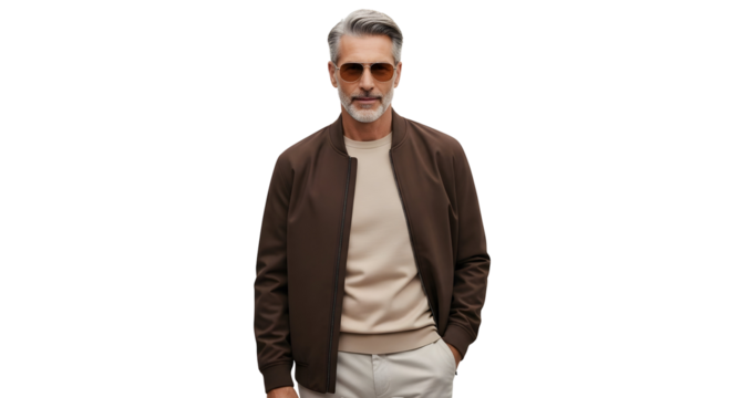 Fashionable Man With Sunglasses Style. Mature Male Wearing Contemporary Jacket Confidence. Authentic Attitude And Modern