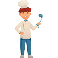 Happy Cartoon Boy Chef Character Holding Ladle With Kitchen Hat And White Uniform In Transparent Background