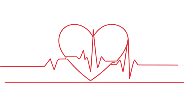A red heart outline intersected by an electrocardiogram line on a black background