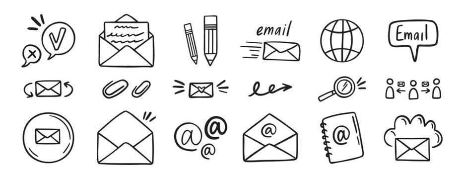 mail and email icon doodle hand drawn set. Outline drawing mail and email line clipart symbol collection