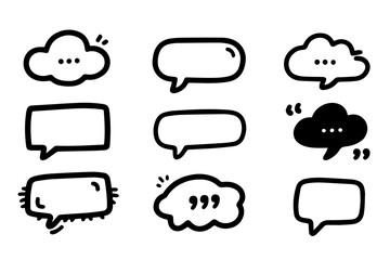 A set of empty comic speech bubbles in a clean black and white minimalist style. Perfect for stickers, templates, and comic design.