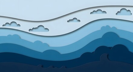 Blue monochromatic paper cut art depicting rolling hills or sea waves under a cloudy sky, creating a sense of depth and serenity