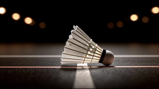 Close-up of a shuttlecock landing on the court line, emphasizing accuracy and clarity.