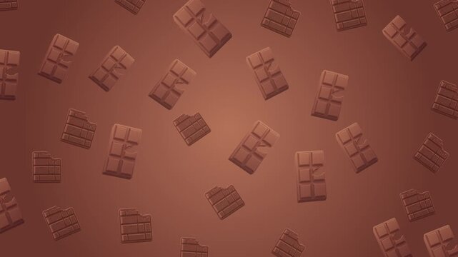 Animated background pattern featuring numerous small chocolate bars scattered across a rich brown gradient.